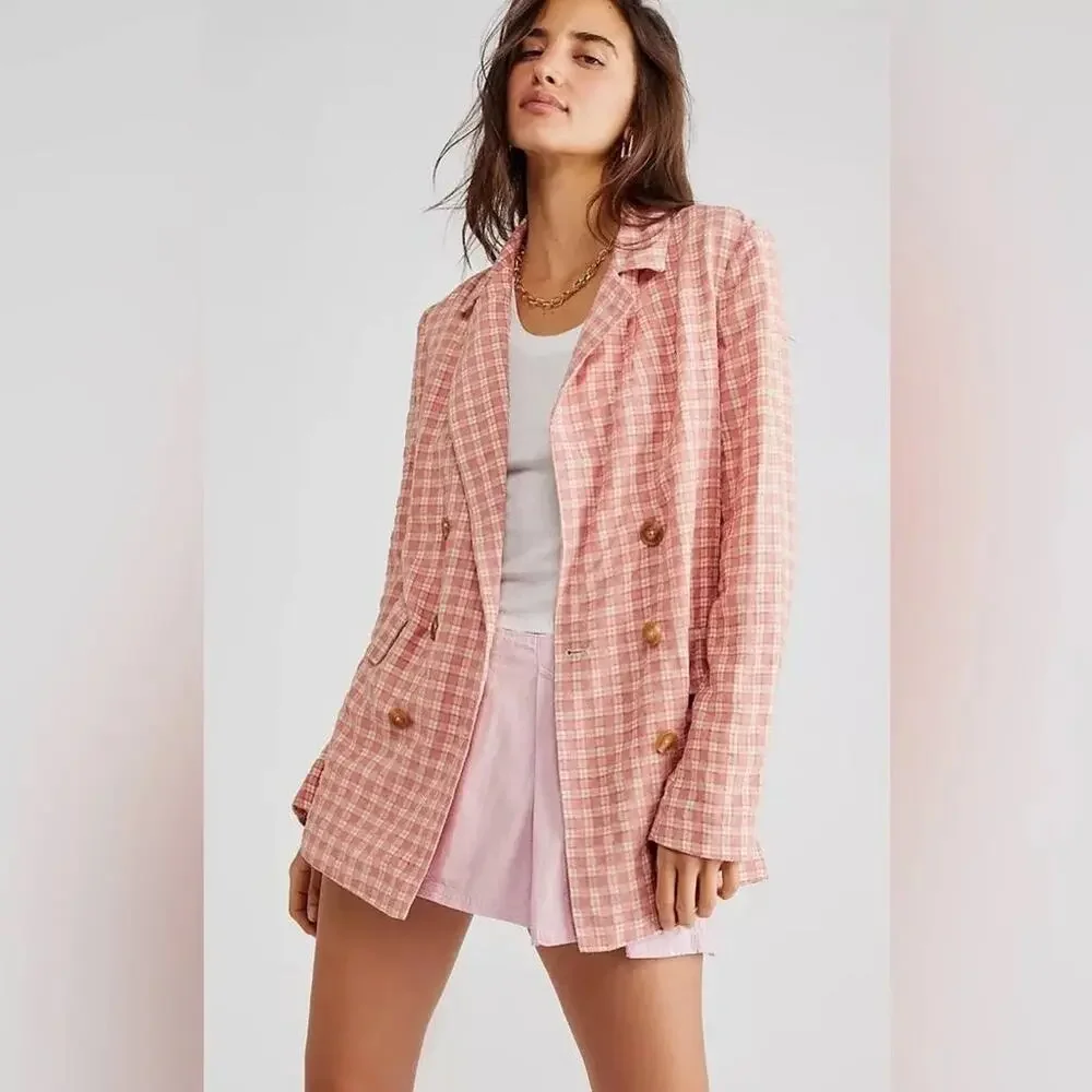 Free People Pink Cream Long Sleeve Button Waist Tie Olivia Gingham Blazer M